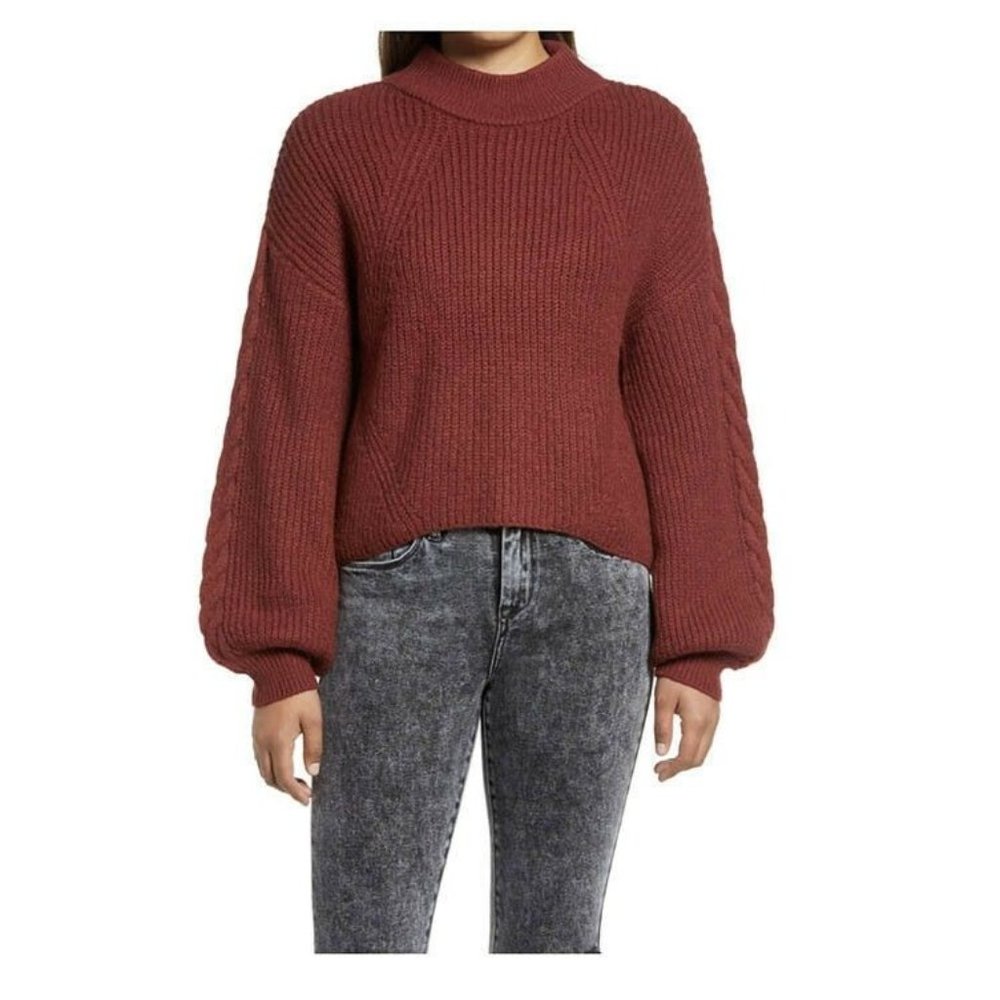 BP. Nordstrom Red Pomegranate Cable Knit Balloon Sleeve Mock Neck Sweater